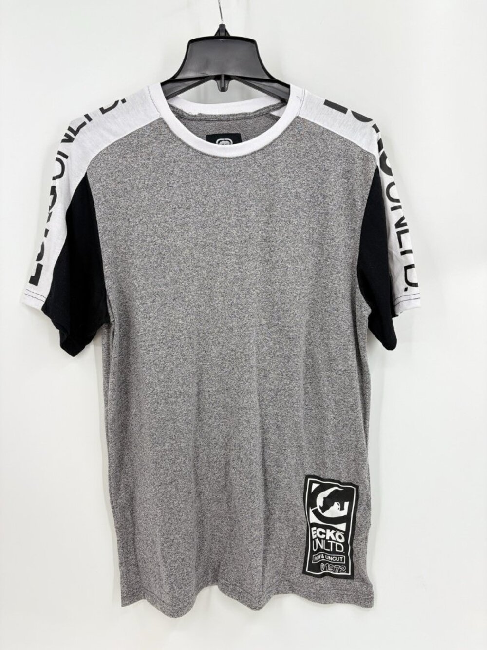 ECHO Unlimited Color Block Gray Black White Crew Neck Tee Shirt Rhino Logo Sz M